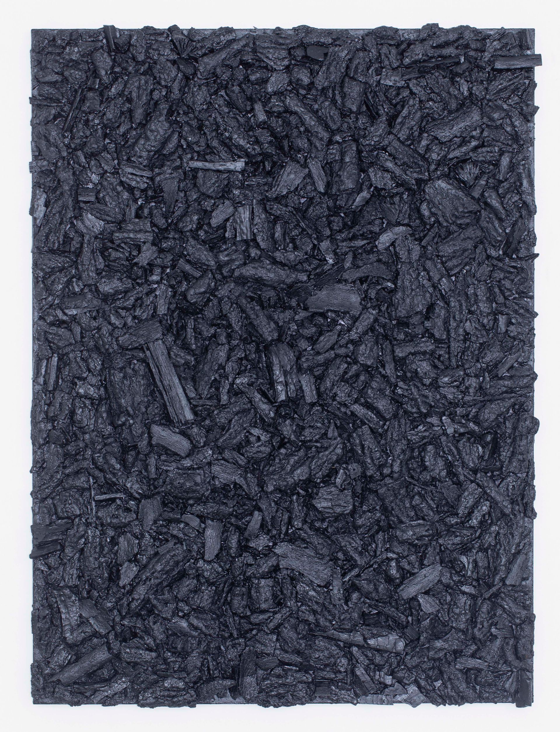 A close up of a piece of black charcoal on a white background.