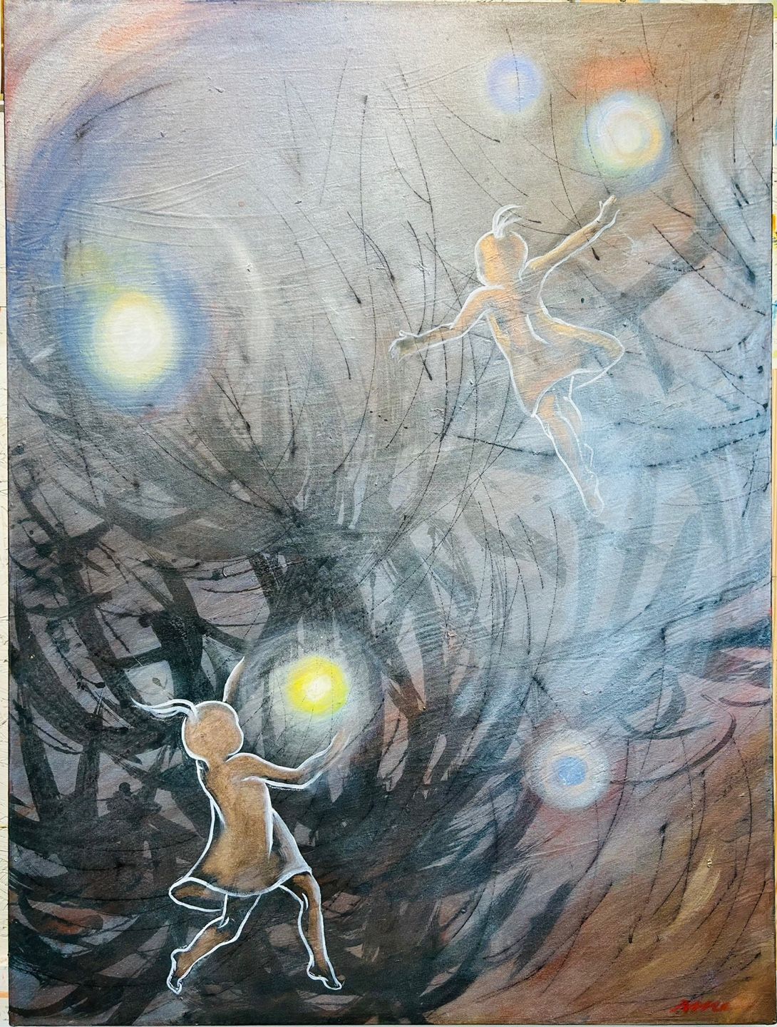 A painting of a person holding a light in their hand.