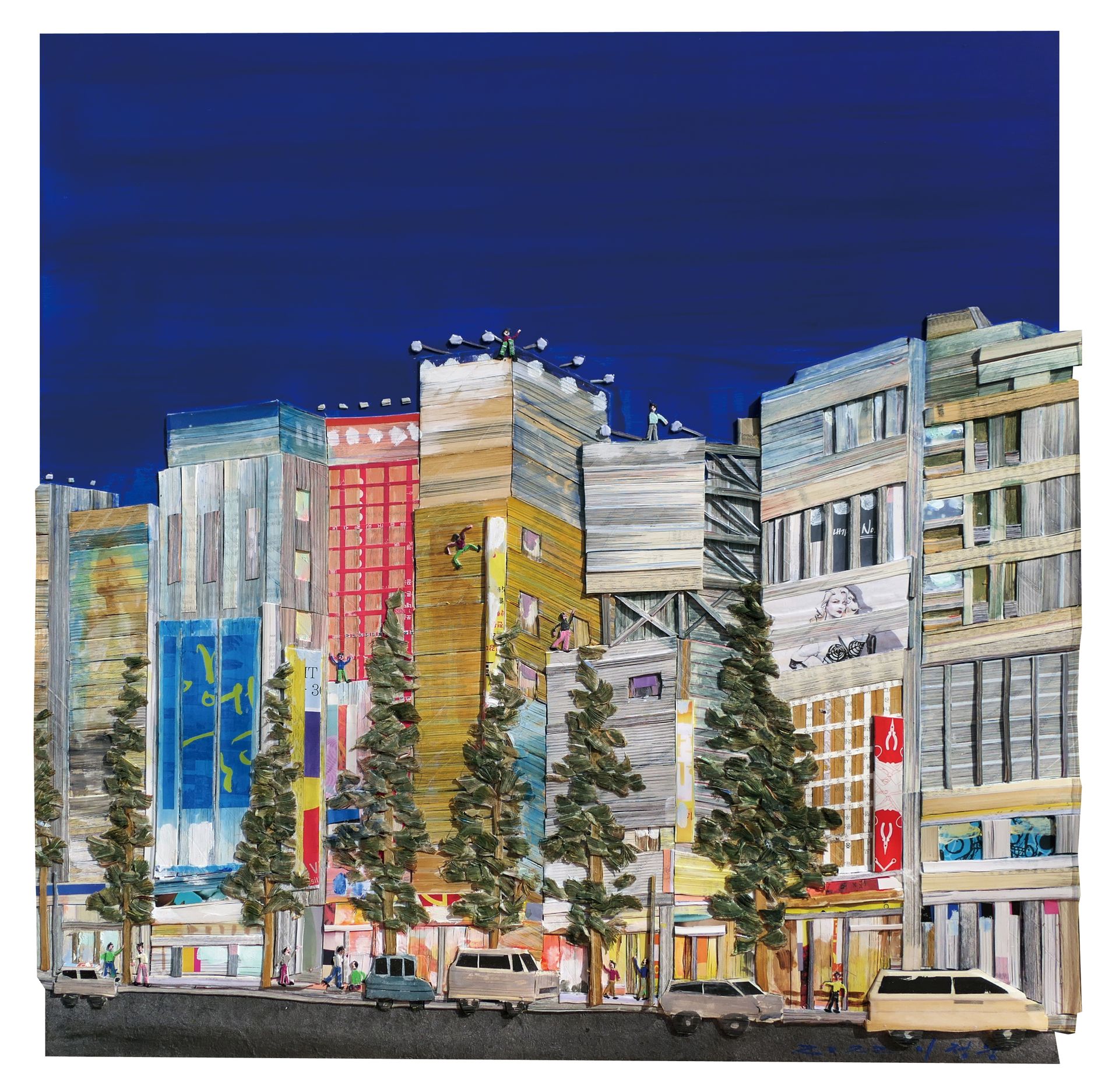 A painting of a city at night with a van in the foreground