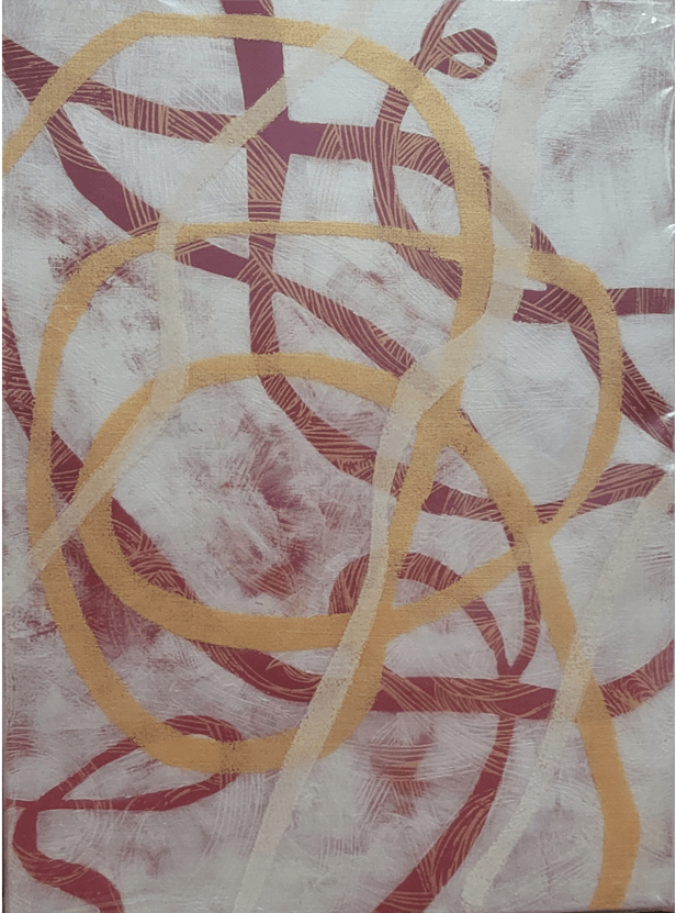 A painting with red and yellow circles on a white background