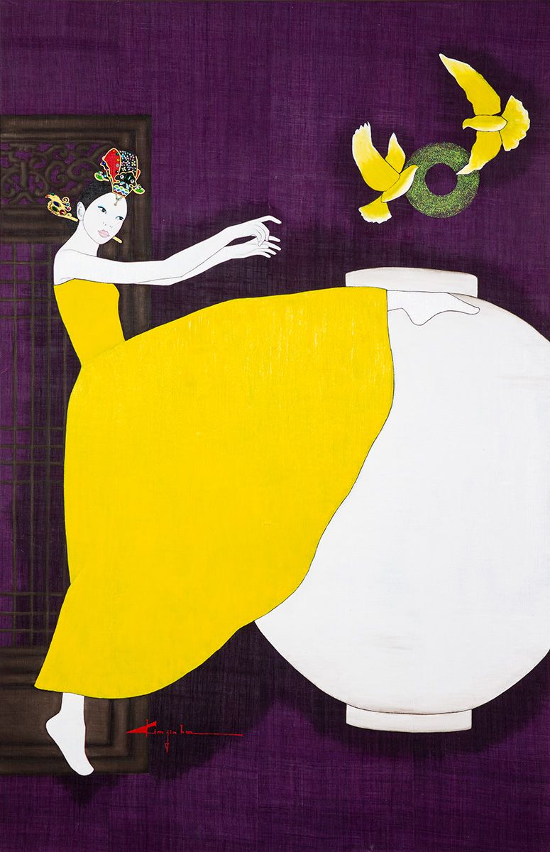 A painting of a woman in a yellow dress standing next to a vase.