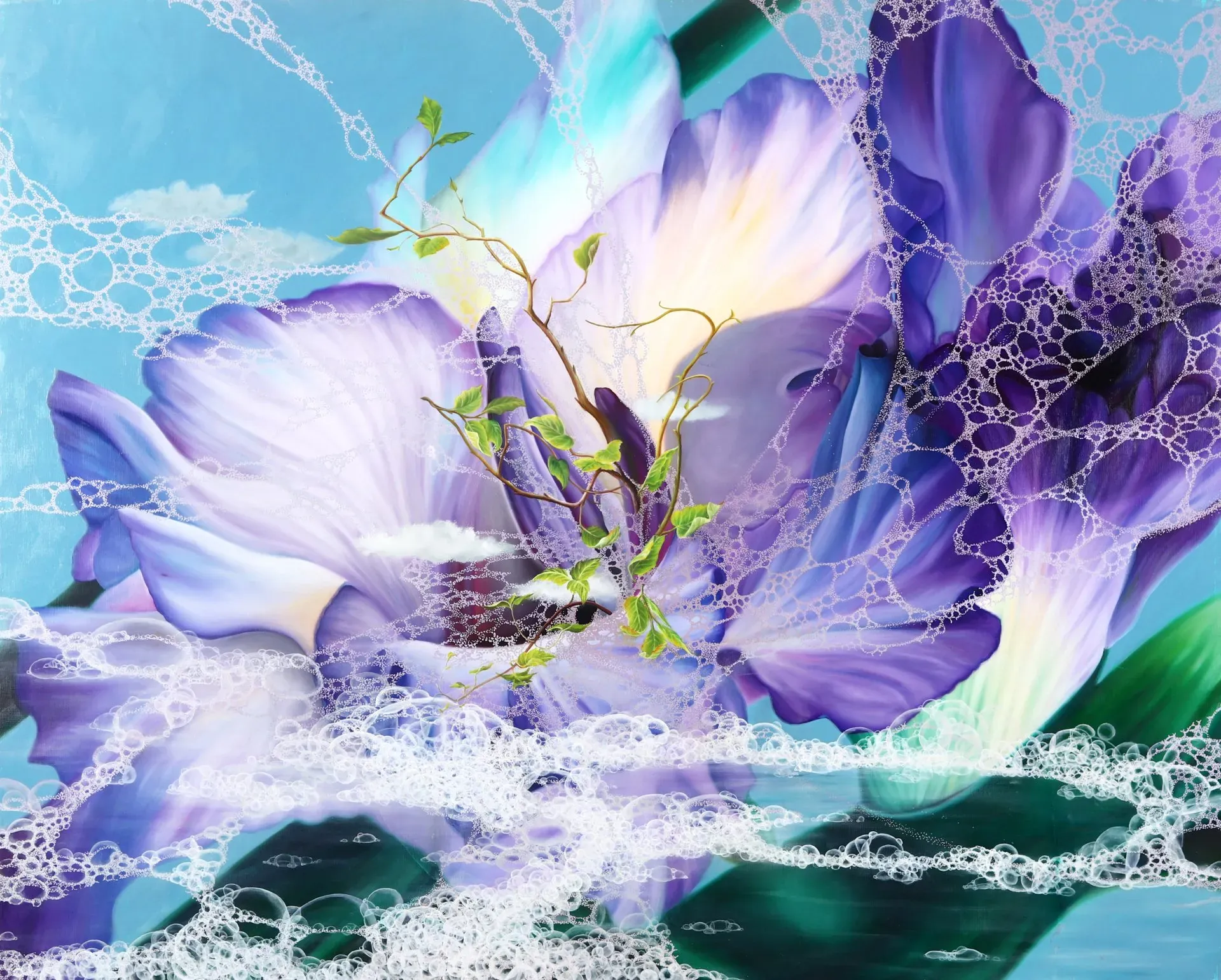 A purple flower is surrounded by bubbles on a blue background