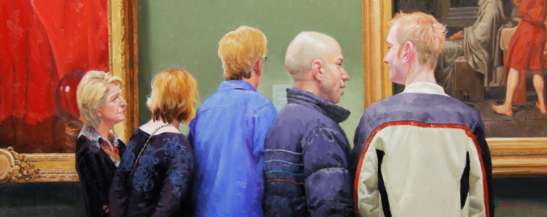 A group of people are looking at paintings in a museum.