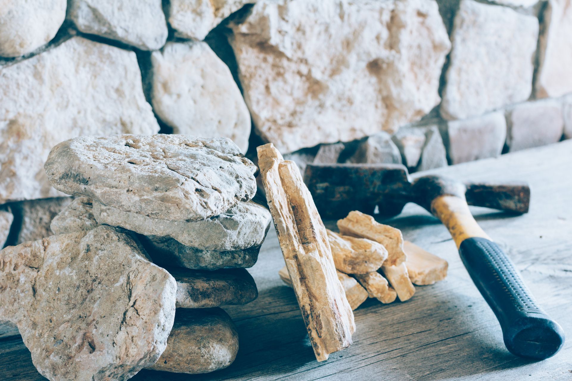 Construction hammer and stacked flagstone against a wall of stone, close-up.