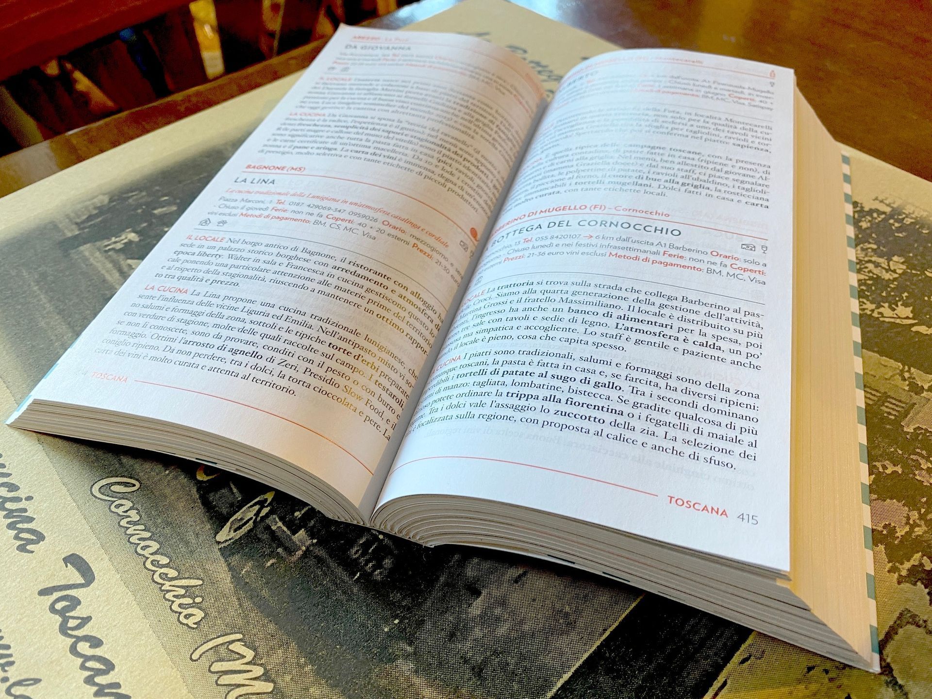 Libro aperto su un tavolo, che rivela il testo stampato. Le pagine sono bianche con testo nero e alcuni segni rossi.