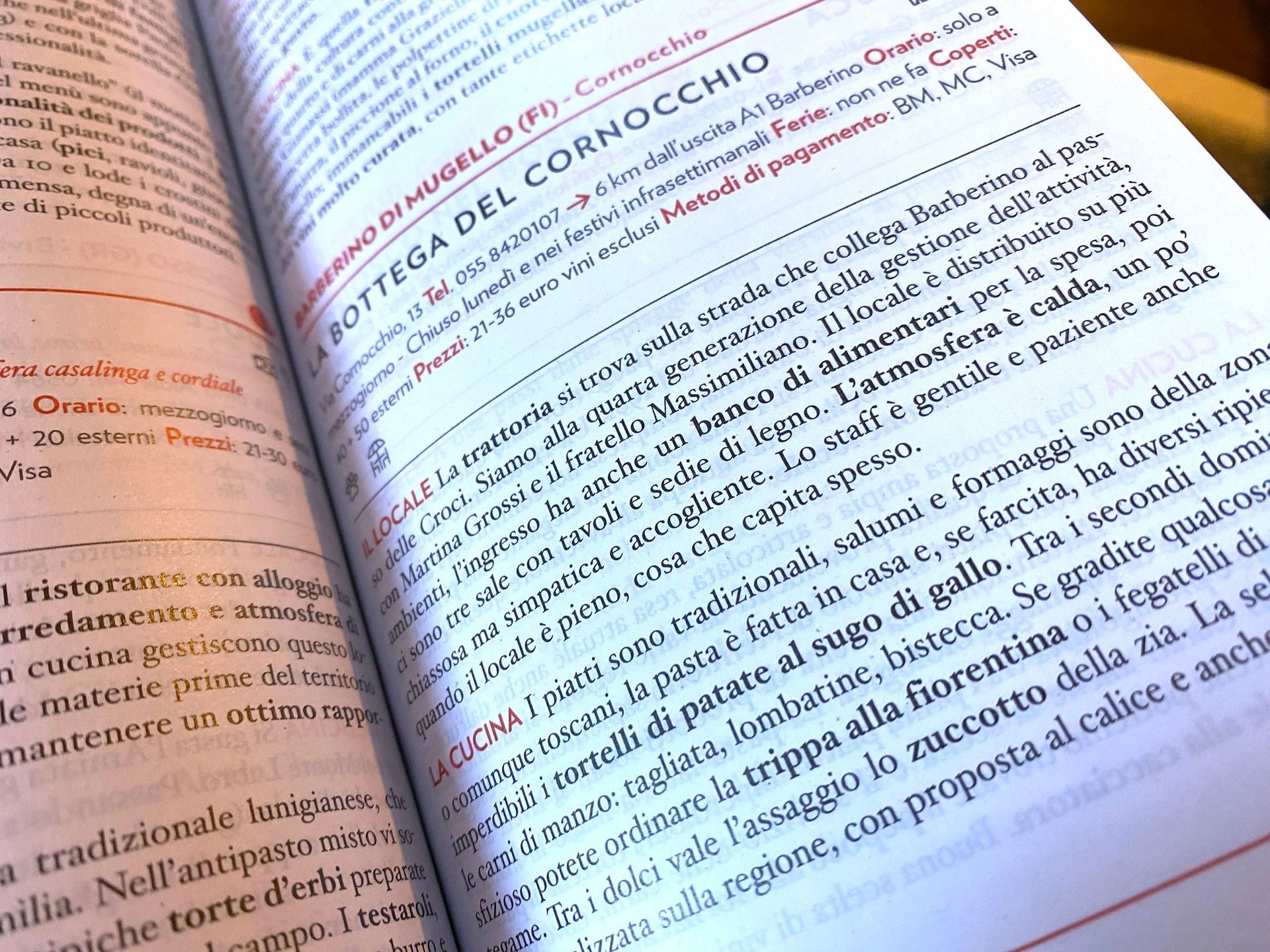 Libro aperto con testo in italiano, contenente consigli sui ristoranti.