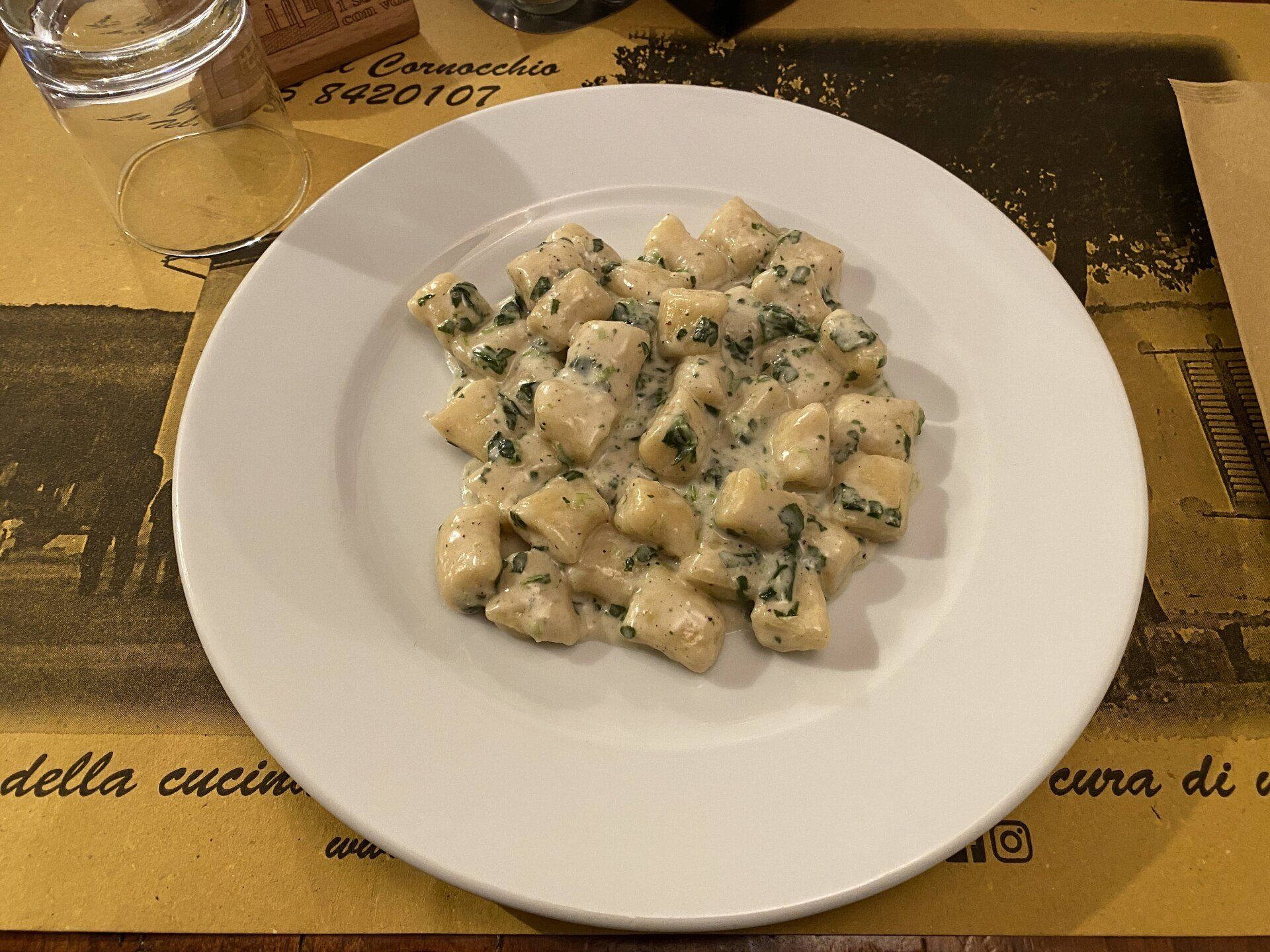 Piatto di gnocchi con salsa cremosa e chiara ed erbe aromatiche verdi. Su un piatto bianco, sul tavolo.