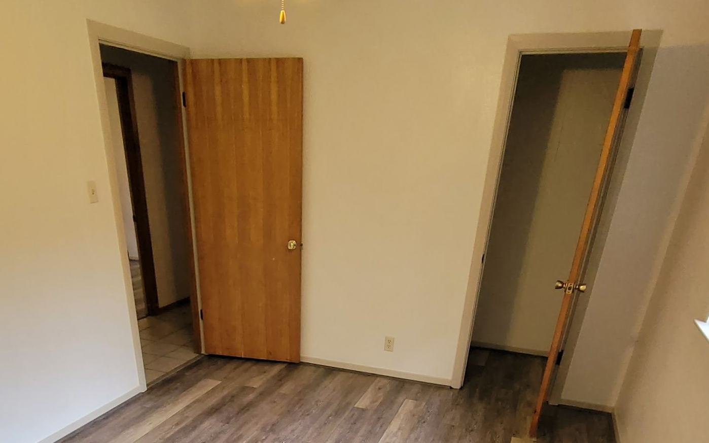 Empty room with wood floor, beige walls, and two open wooden doors.