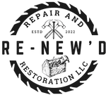 Circular black-and-white logo for Re-New’d Restoration LLC with saw blade border and repair tools