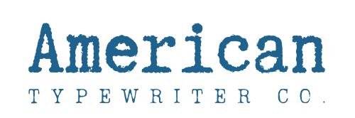 The logo for american typewriter co. is blue and white