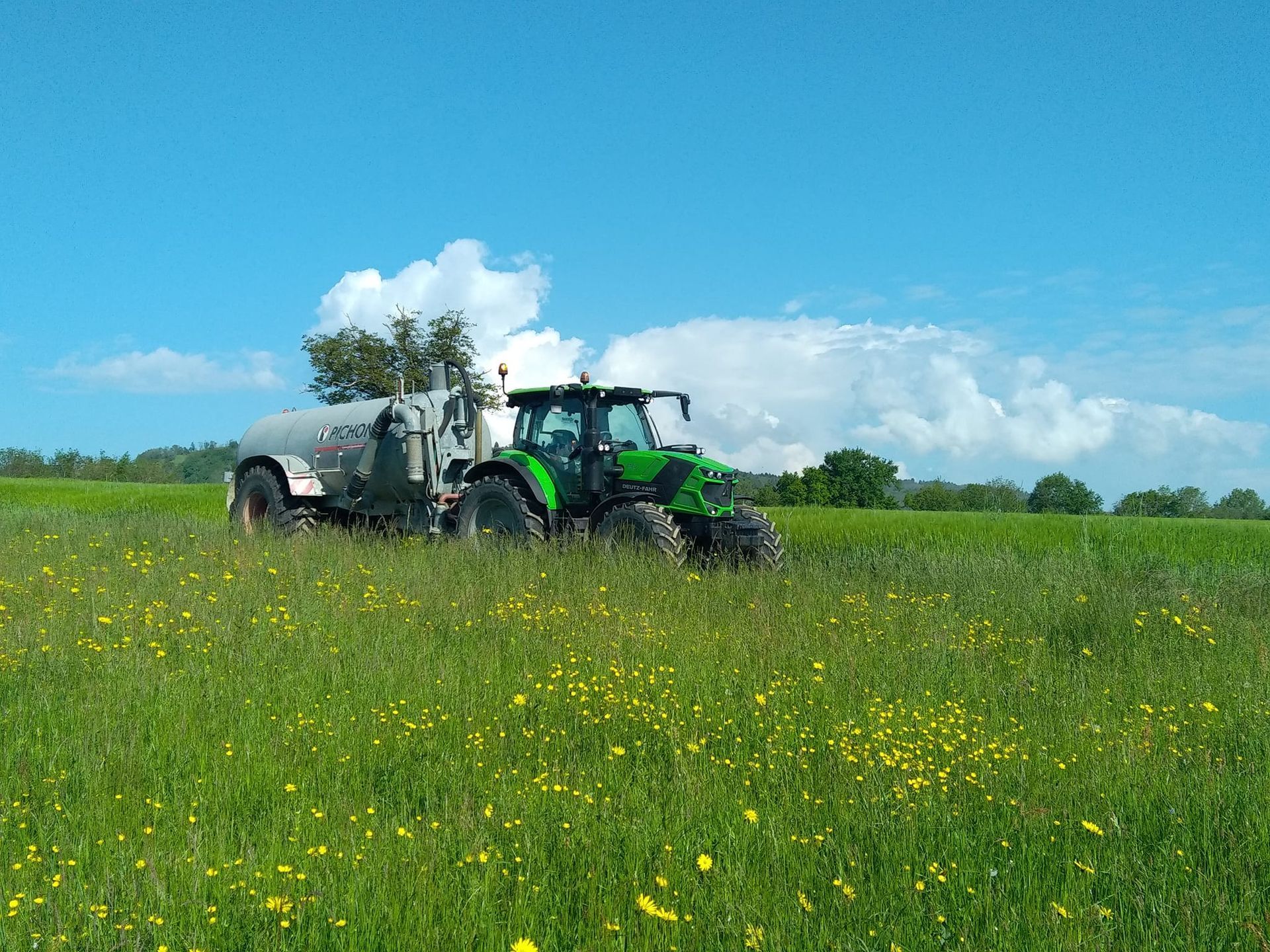 Un tracteur vert traverse un champ d'herbes hautes.