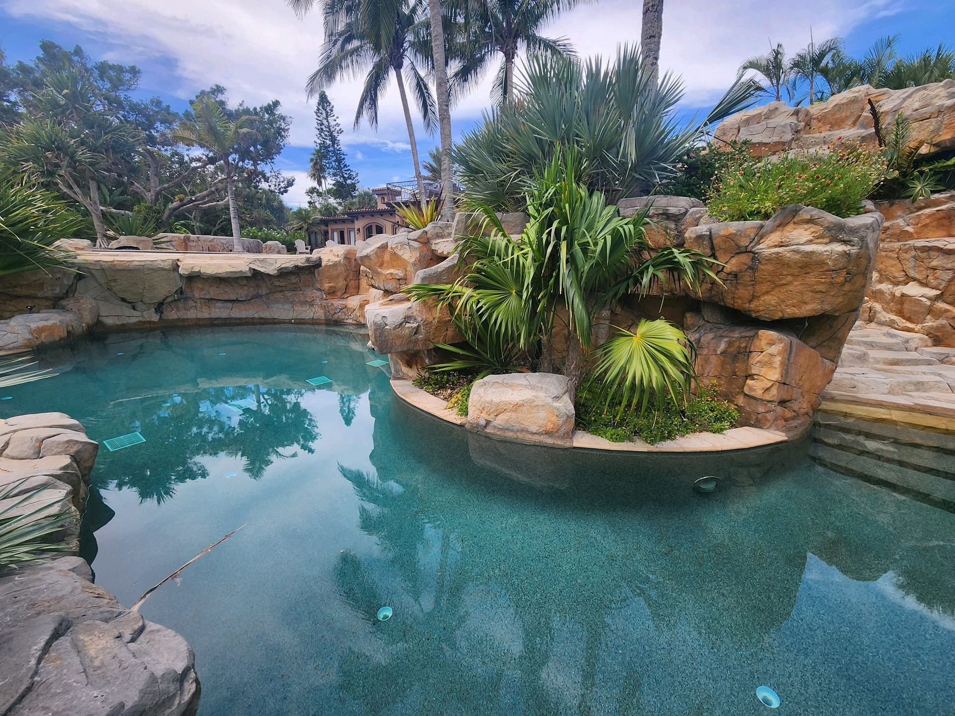 Swimming pool with rocky edges and lush greenery. Palm trees in the background under a blue sky.