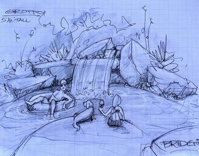Sketch of a grotto with a waterfall, pool, and people with a dog.