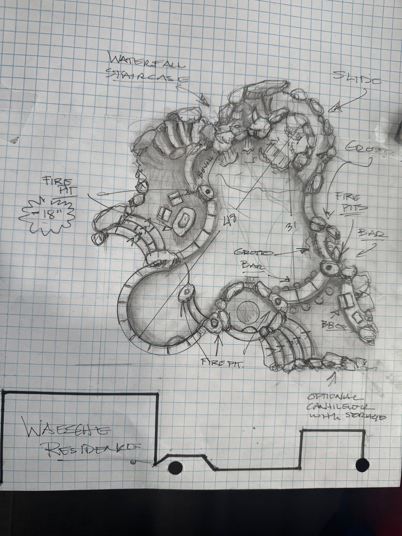 Hand-drawn architectural map on graph paper. Intricate, mechanical-looking structures with labels like 