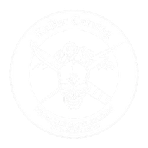 Embroidered white emblem featuring a crest with crossed swords, surrounded by text, on a circular background.