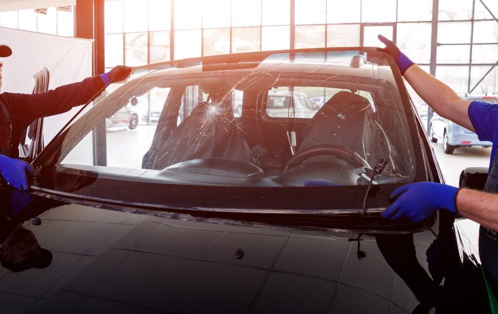 Two Men Are Installing A Windshield On A Car — Vehicle Inspections & Mechanical Services in Albury, NSW
