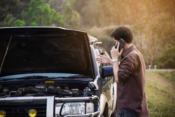 A Man Is Talking On A Cell Phone Next To A Broken Down Truck — Your Experienced Mechanic in Wodonga, VIC
