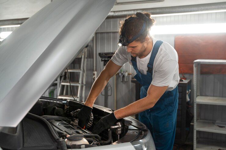 A Man Is Working On The Engine Of A Car In A Garage — Servicing Car Air Conditioning in Albury, NSW