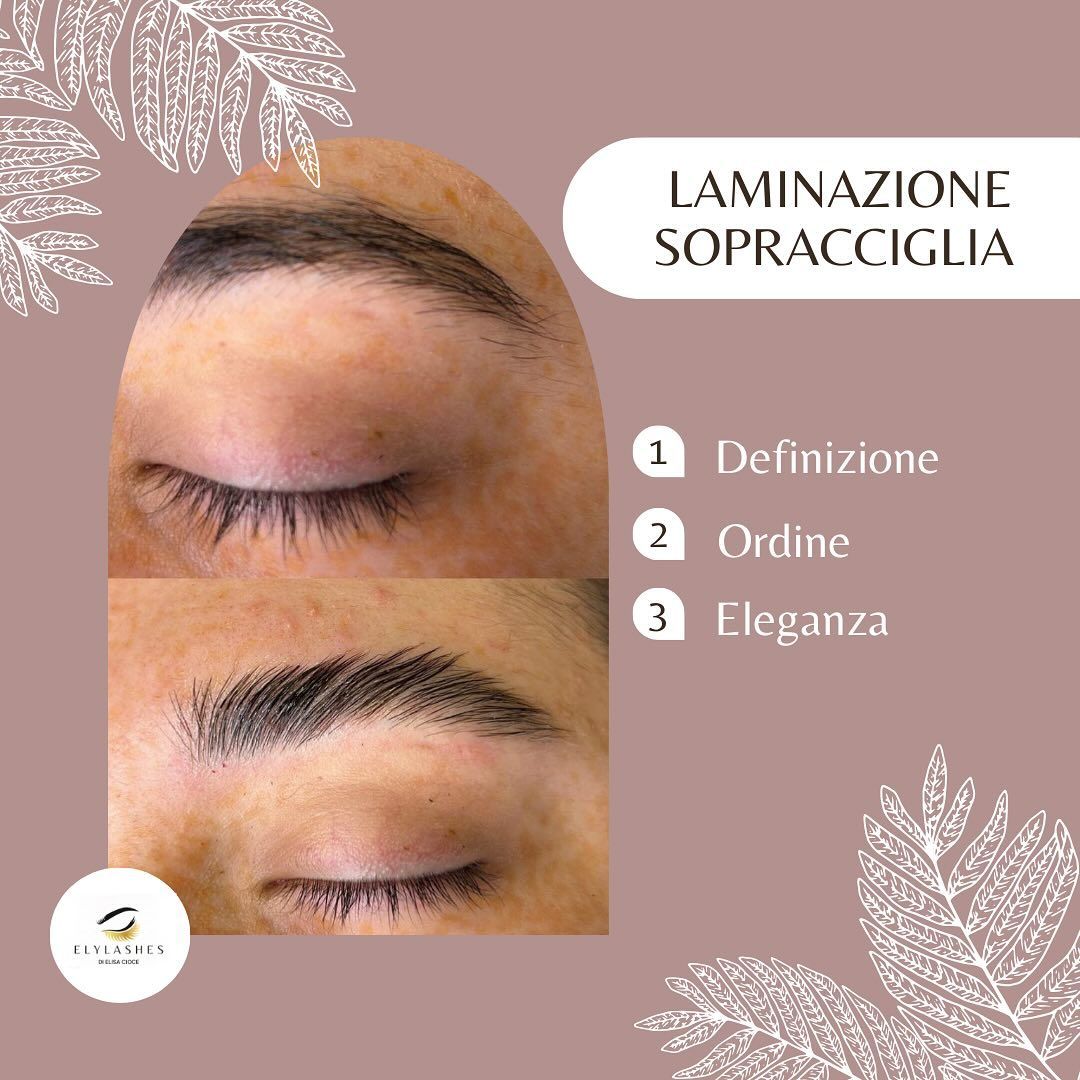 Prima e dopo la laminazione delle sopracciglia su una cartolina promozionale di bellezza beige con testo in italiano e tre passaggi.