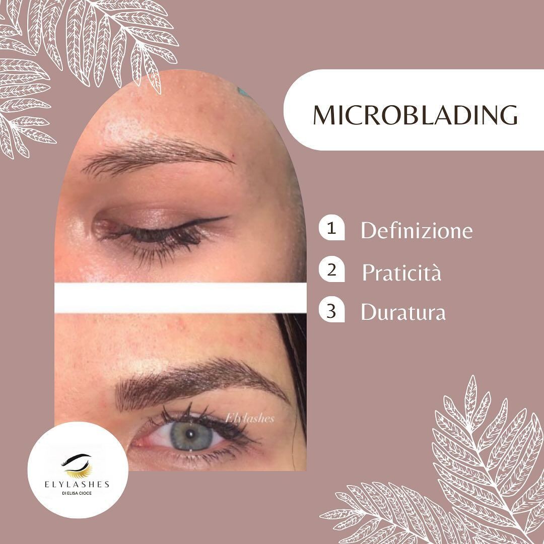 Infografica sul microblading con primi piani delle sopracciglia e testo: definizione, pratica, durata.