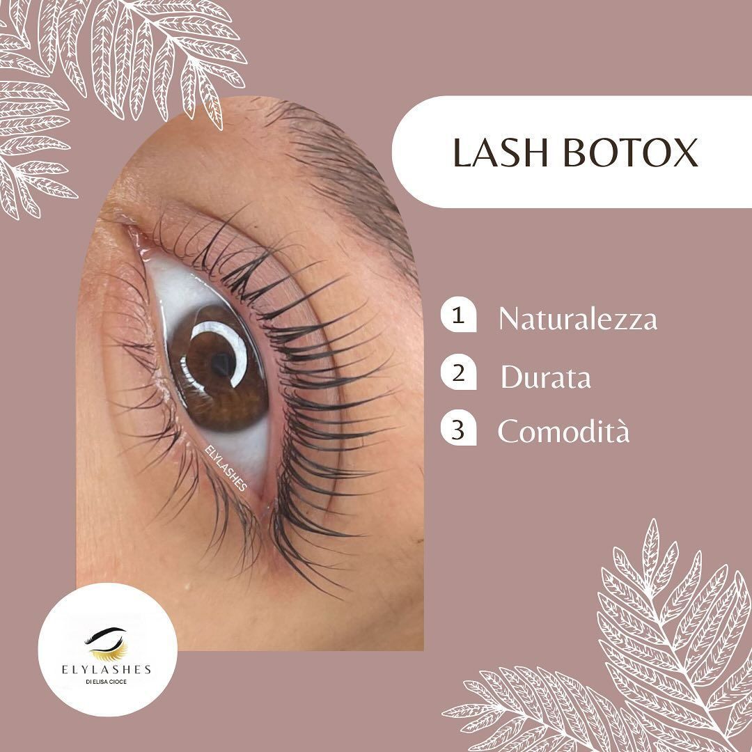 Promozione Lash Botox con primo piano dell'occhio, testo bianco su sfondo malva e decorazioni floreali.