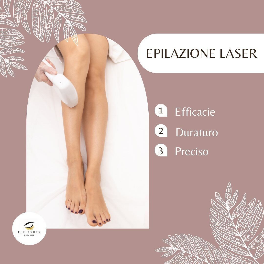 Grafica promozionale per la depilazione laser con gambe trattate da un dispositivo e testo in italiano su sfondo rosa.