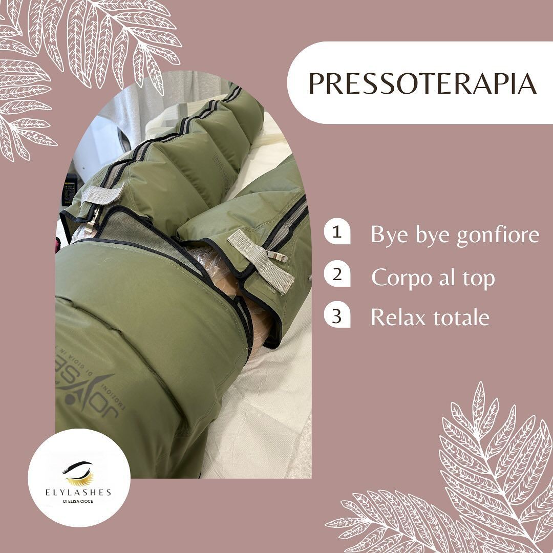 Annuncio di pressoterapia con stivali compressivi per le gambe e testo elenca bye bye gonfior, corpo al top, relax totale