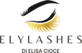 Logo ELYLASHES con grafica stilizzata di ciglia nere e oro e testo “DILELISA CIOCE”