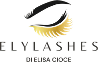 Logo ELYLASHES con grafica stilizzata di ciglia nere e oro e testo “DILELISA CIOCE”