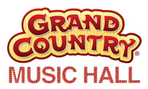A logo for grand country music hall on a white background.