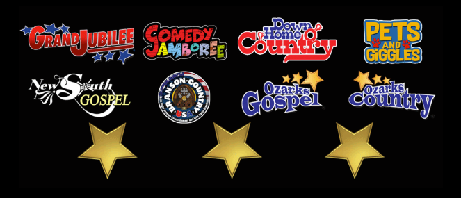 Logos for Grand Jubilee, Comedy Jamboree, Down Home Country, Pets and Giggles, New South Gospel, and more. Gold stars below.