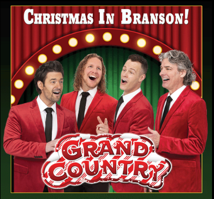 Grand Country quartet in red jackets, singing; Christmas in Branson album cover.