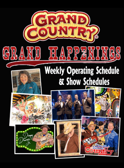Poster for Grand Country shows with photos of performers, showtimes and schedule.