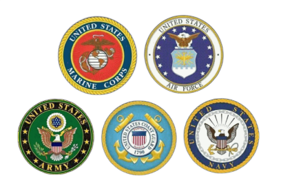 Logos of the U.S. Marine Corps, Air Force, Army, Coast Guard, and Navy in a circular design.