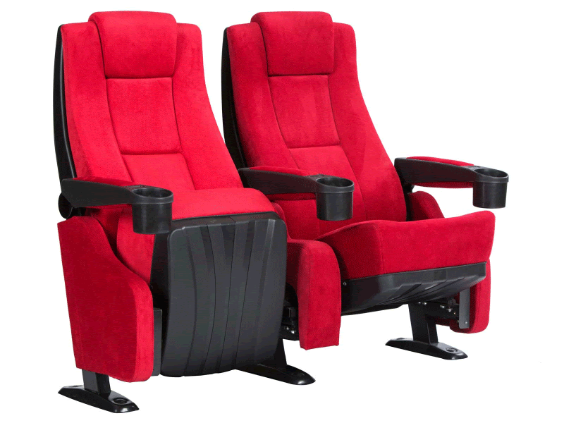 Two red theater seats with black armrests and cup holders, set against a white background.