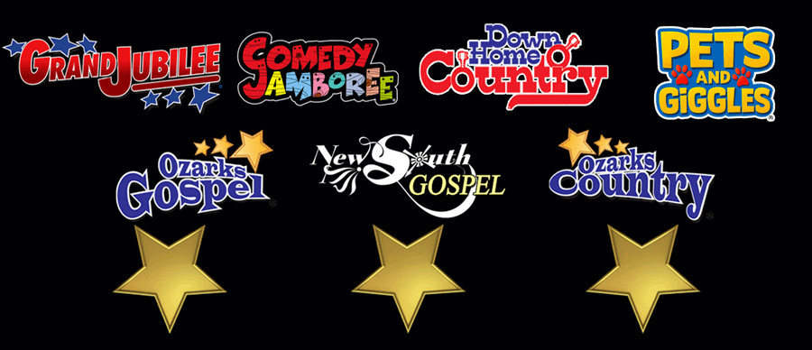 Logos for Grand Jubilee, Comedy Jamboree, Down Home Country, Pets and Giggles, New South Gospel, and more. Gold stars below.