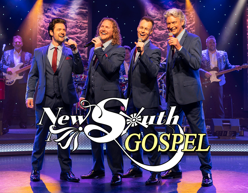 Four men in suits singing on stage with a band, logo