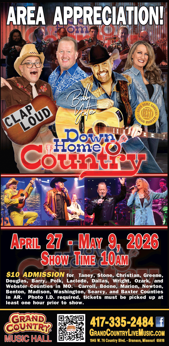 Event flyer for New South Gospel featuring a quartet at Grand Country Music Hall, with performance dates and ticket info.