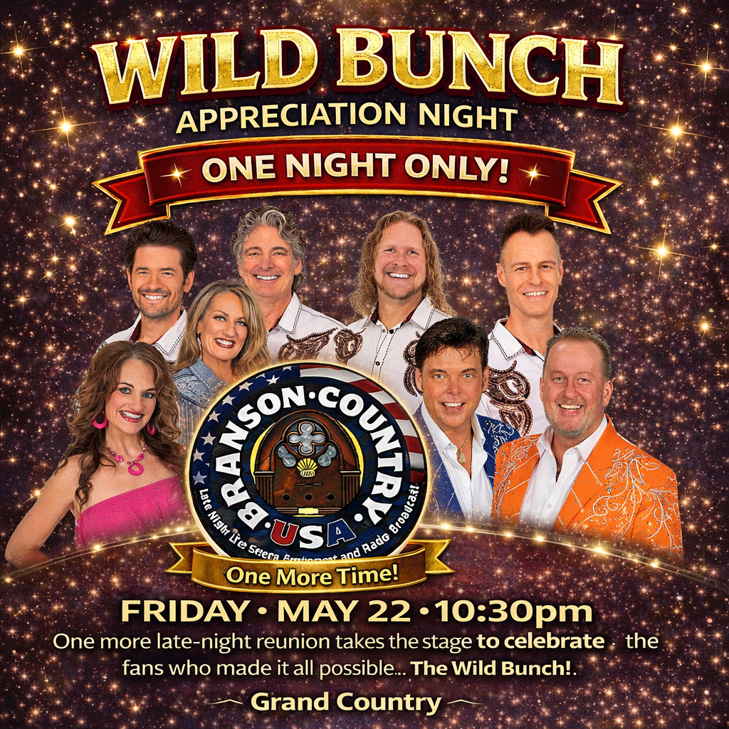 Four performers in western attire promote a country music show in Branson, Missouri, featuring the title Down Home Country.