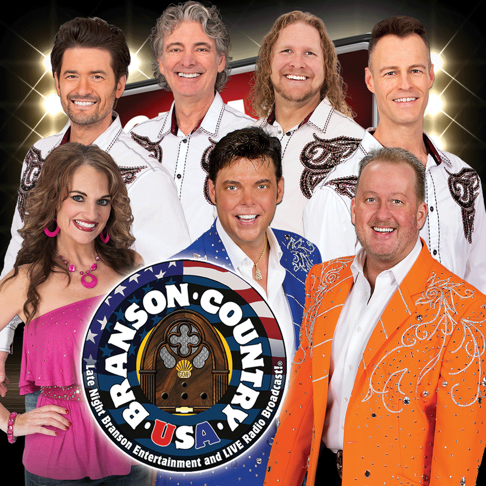 Four performers in western attire promote a country music show in Branson, Missouri, featuring the title Down Home Country.