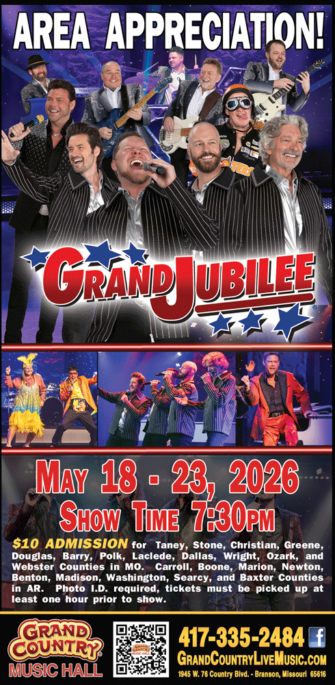 Event flyer for New South Gospel featuring a quartet at Grand Country Music Hall, with performance dates and ticket info.