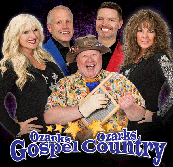 Four performers in western attire promote a country music show in Branson, Missouri, featuring the title Down Home Country.