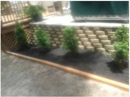 Landscaped yard with retaining wall, dark mulch, and green bushes.
