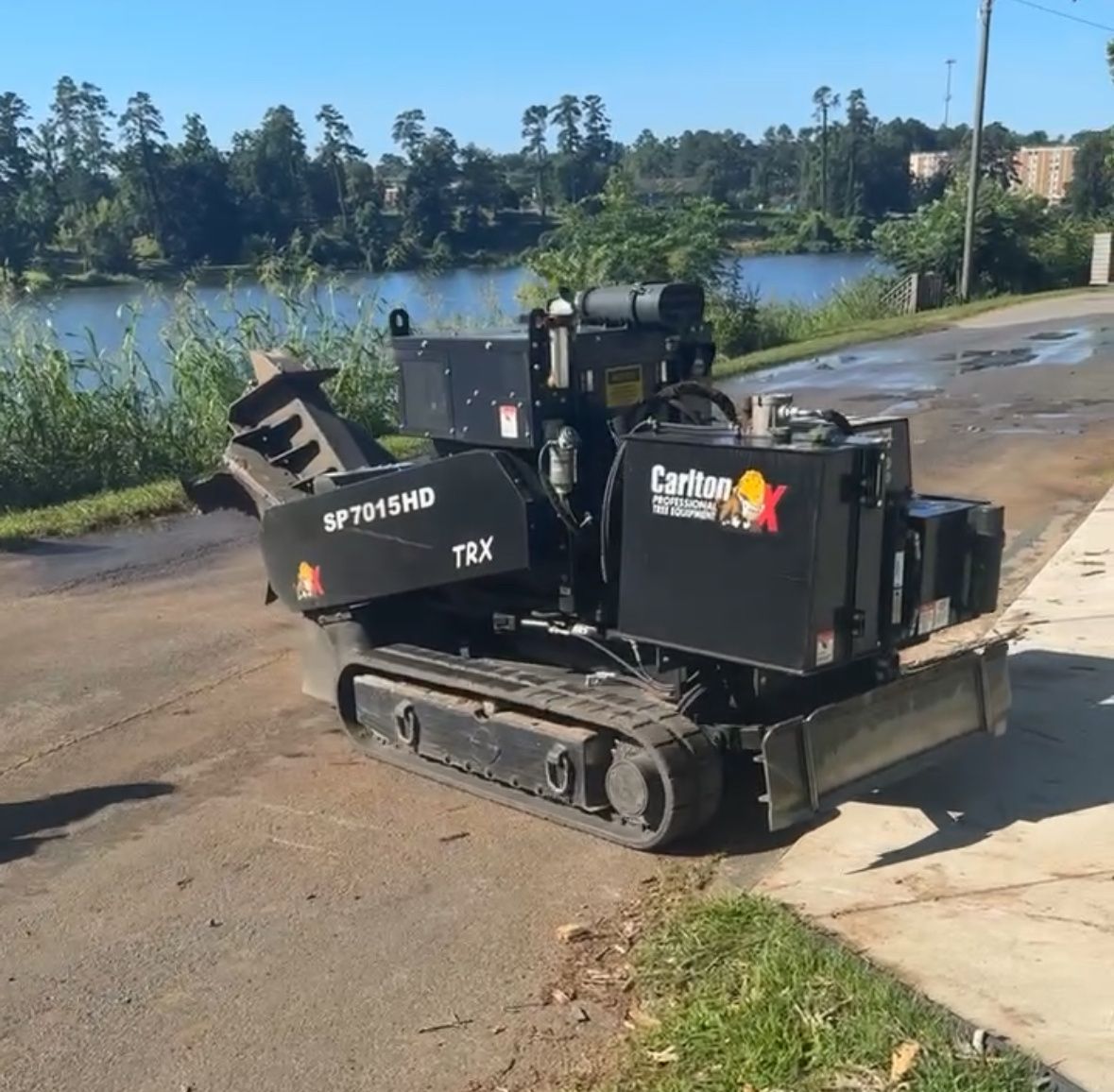 Black Carlton stump grinder on asphalt next to a grassy curb and a lake in the background.