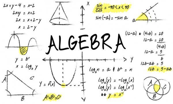 Handwritten algebra notes with equations, graphs, and diagrams around the word “ALGEBRA” on a white background