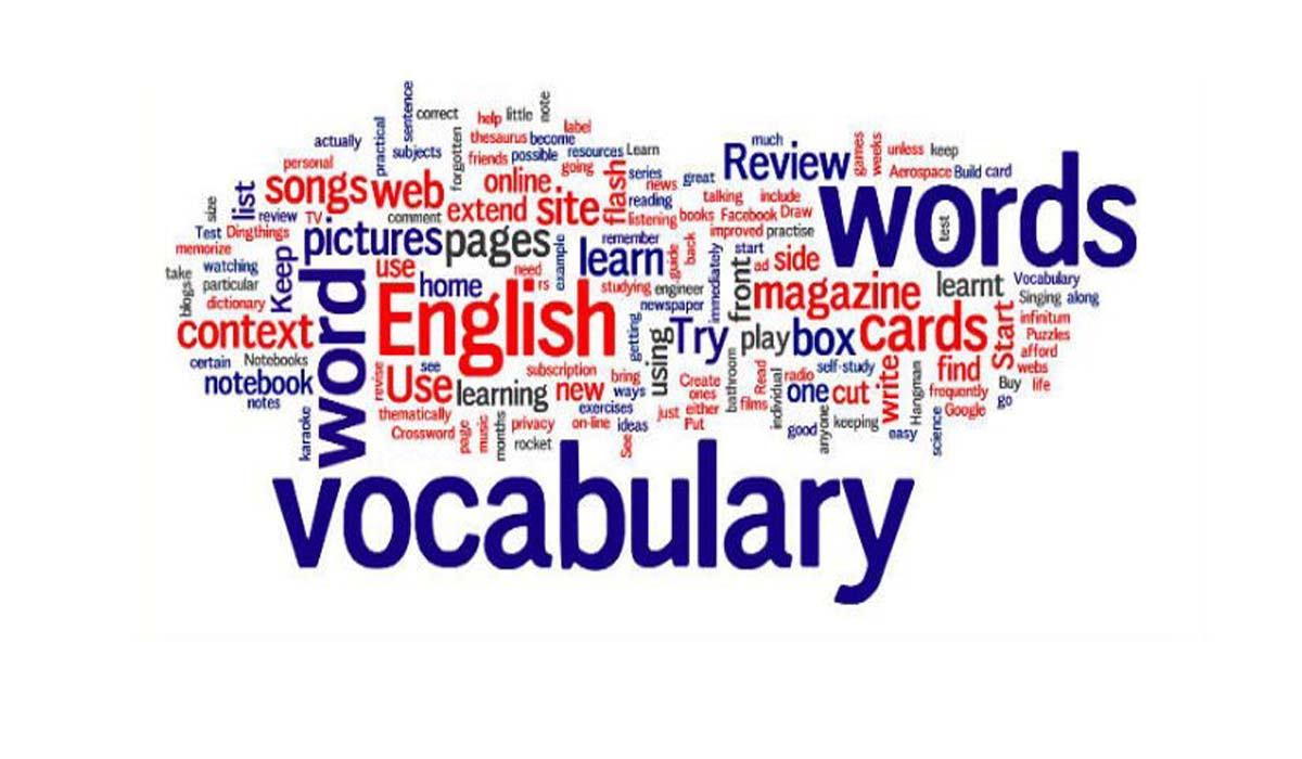 Word cloud with “vocabulary” and “words” in blue and red around “English” in the center