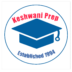 Keshwani Prep logo: blue graduation cap inside a blue-lined circle. Red text at top: 