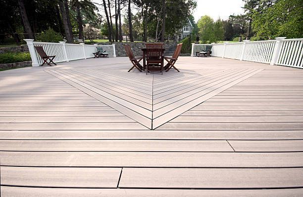 A wooden deck with a table and chairs on it