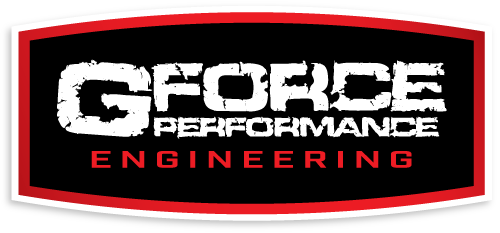 The logo for g force performance engineering is black and red.