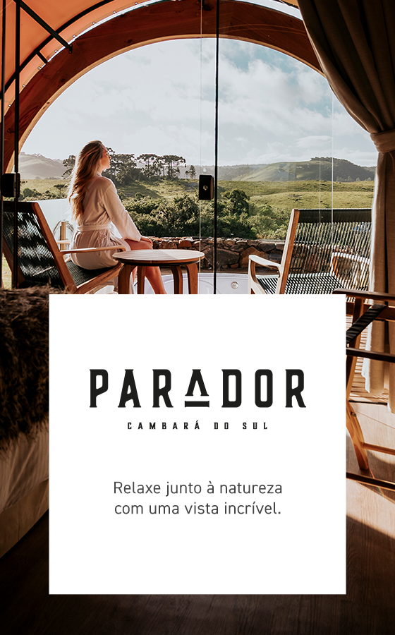 Cabana com vista para montanhas, mulher sentada à varanda, texto “PARADOR CAMBARA DO SUL” e “Relaxe junto a natureza”.